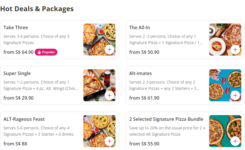 Alt Pizza Menu RED HOT PACKAGES prices